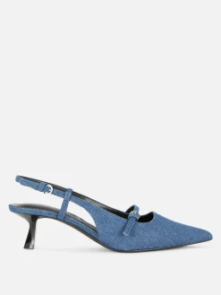 Buckled Denim Kitten Heels