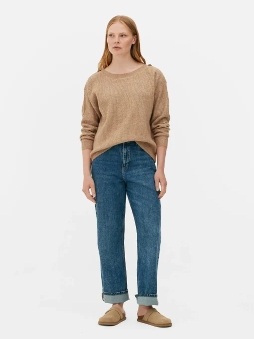 Button Shoulder Boatneck Sweater