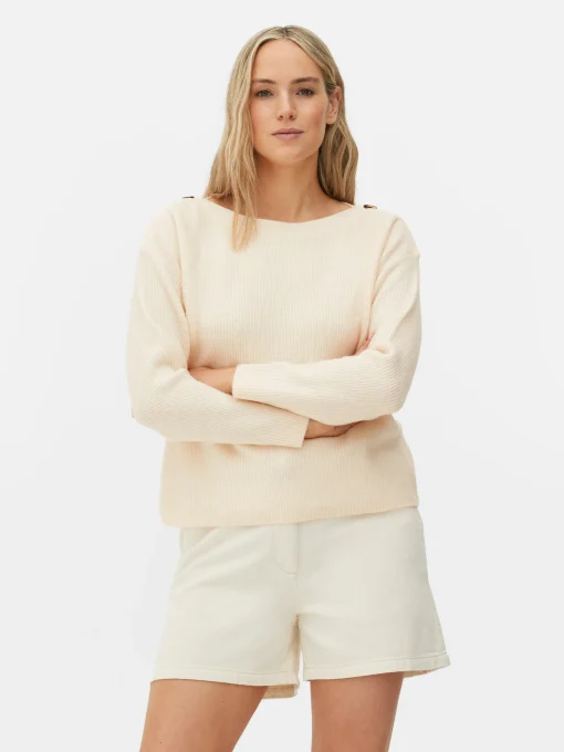 Button Shoulder Boatneck Sweater