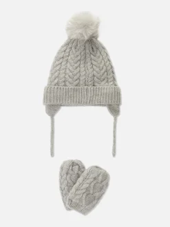 Cable Knit Beanie And Mittens Set