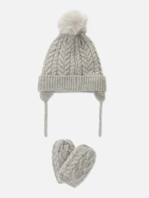 Cable Knit Beanie And Mittens Set