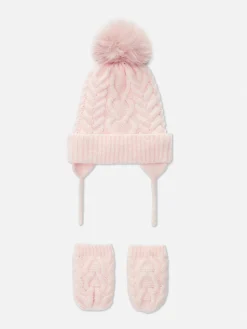 Cable Knit Beanie And Mittens Set