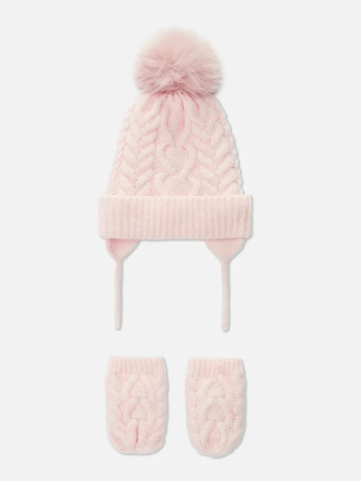Cable Knit Beanie And Mittens Set
