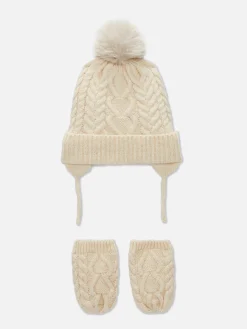 Cable Knit Beanie And Mittens Set