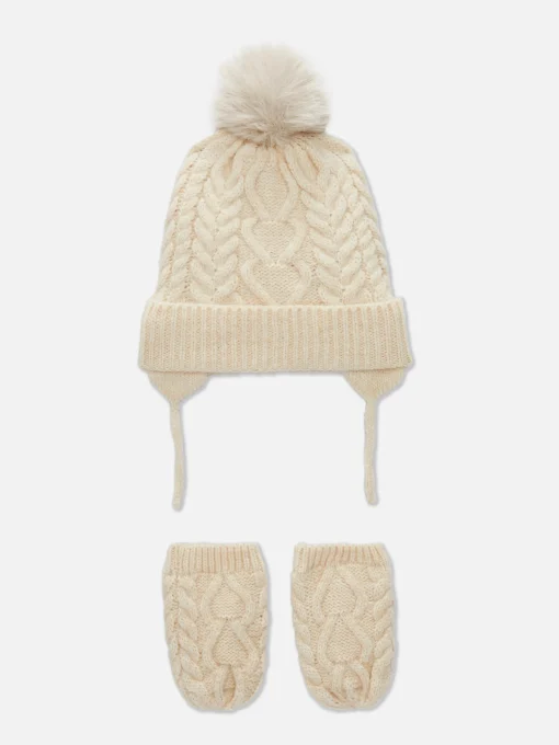 Cable Knit Beanie And Mittens Set