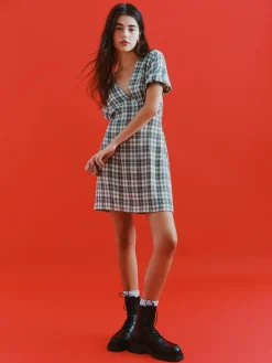 Check Pattern V-Neck Mini Dress