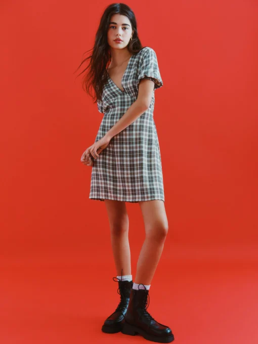 Check Pattern V-Neck Mini Dress