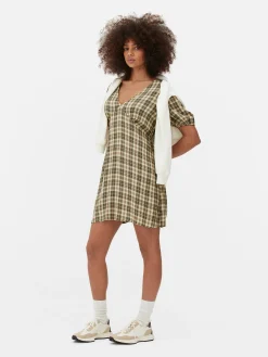 Check Pattern V-Neck Mini Dress
