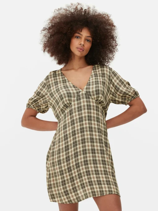 Check Pattern V-Neck Mini Dress