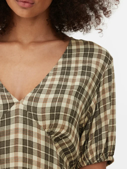 Check Pattern V-Neck Mini Dress