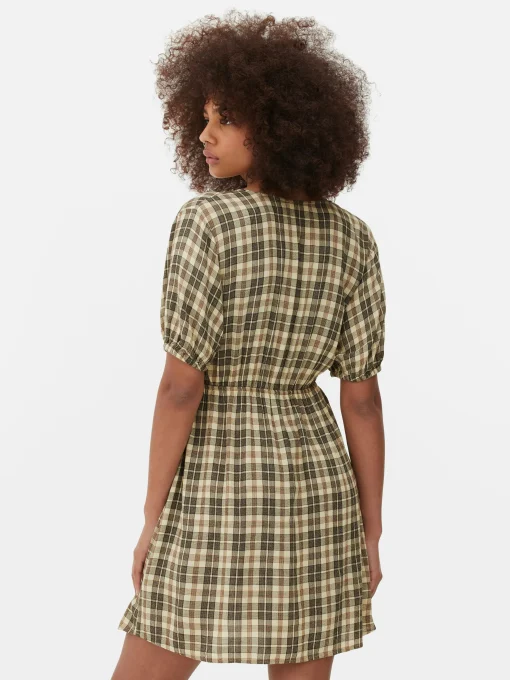 Check Pattern V-Neck Mini Dress