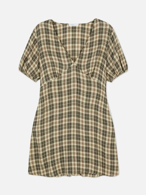 Check Pattern V-Neck Mini Dress