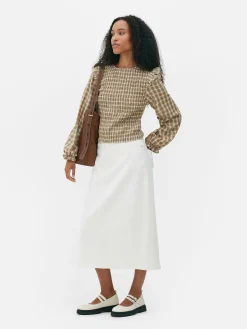 Check Shirred Long Sleeve Blouse
