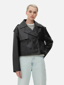 Cropped Faux Leather Trench Coat