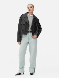 Cropped Faux Leather Trench Coat