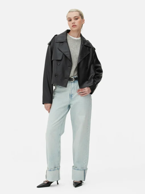 Cropped Faux Leather Trench Coat