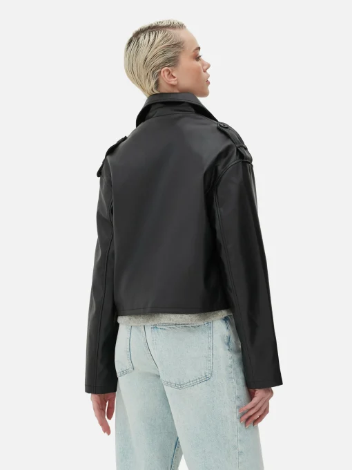 Cropped Faux Leather Trench Coat