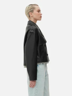 Cropped Faux Leather Trench Coat