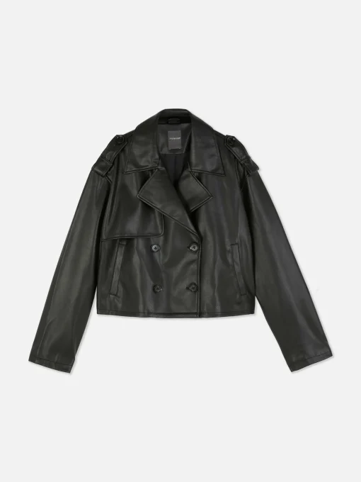 Cropped Faux Leather Trench Coat