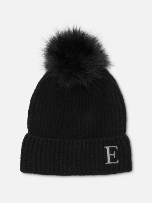 Embroidered Initial Pompom Beanie