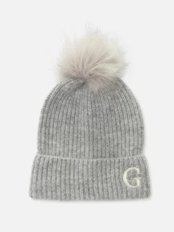 Embroidered Initial Pompom Beanie