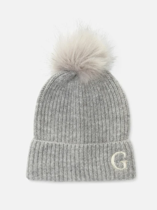 Embroidered Initial Pompom Beanie