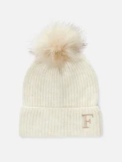 Embroidered Initial Pompom Beanie