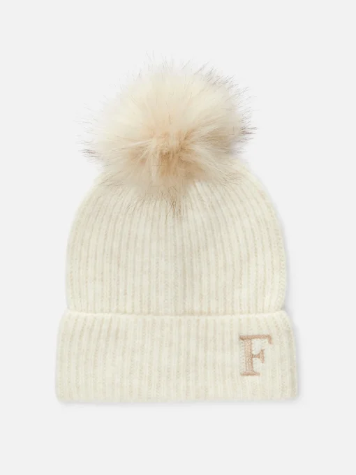 Embroidered Initial Pompom Beanie