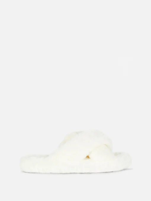 Faux Fur Cross Strap Slippers