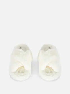 Faux Fur Cross Strap Slippers