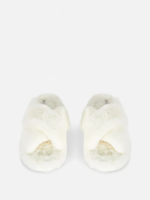 Faux Fur Cross Strap Slippers