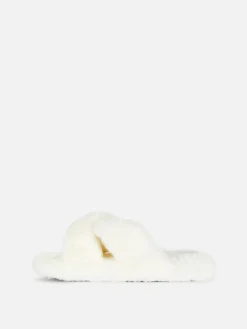 Faux Fur Cross Strap Slippers