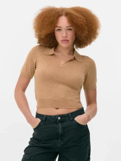 Fine Knit Collared Short Sleeve Top