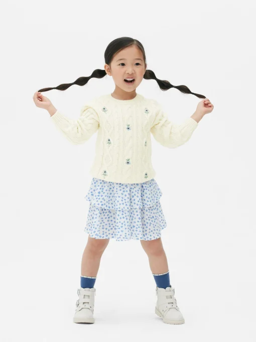 Floral Embroidered Cable Knit Sweater