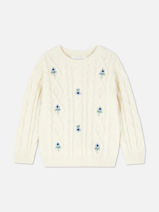 Floral Embroidered Cable Knit Sweater