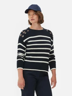 Laced Shoulder Striped Sweater