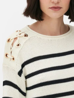 Laced Shoulder Striped Sweater