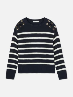 Laced Shoulder Striped Sweater