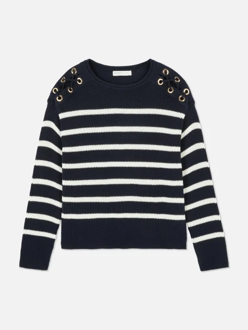Laced Shoulder Striped Sweater