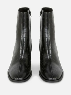 Mock Croc Faux Leather Heeled Boots