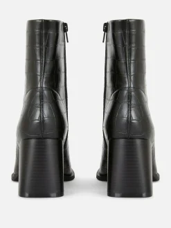 Mock Croc Faux Leather Heeled Boots