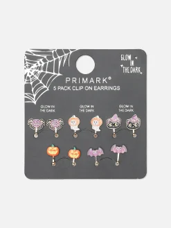 5-Pack Glow In The Dark Clip-On Halloween Earrings
