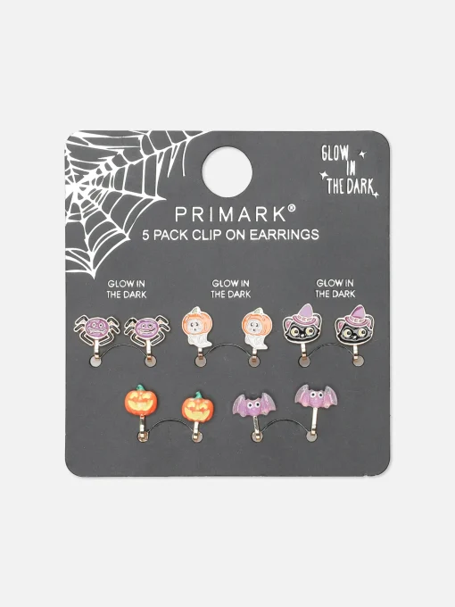 5-Pack Glow In The Dark Clip-On Halloween Earrings