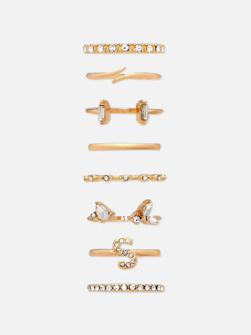 8-Pack Rhinestone Initial Rings