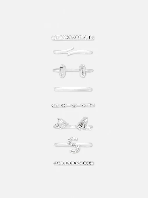 8-Pack Rhinestone Initial Rings
