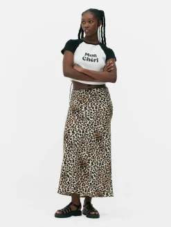 Picot Waistband Leopard Print Midi Skirt