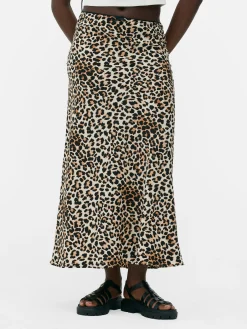 Picot Waistband Leopard Print Midi Skirt