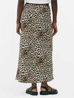 Picot Waistband Leopard Print Midi Skirt