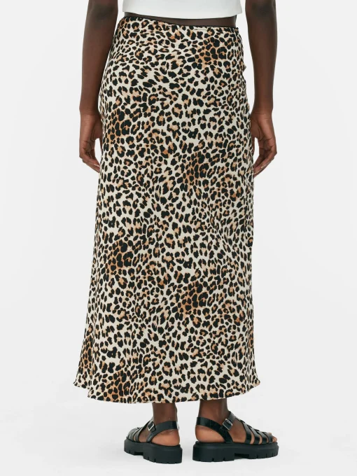 Picot Waistband Leopard Print Midi Skirt