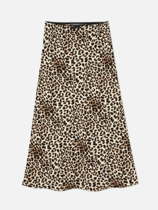 Picot Waistband Leopard Print Midi Skirt